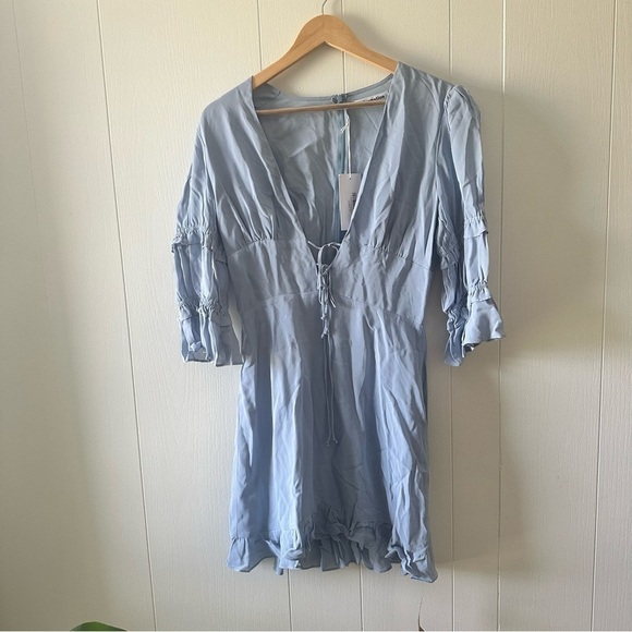 Reformation New Laurelei Ruffled Lace-up Mini Dress In Light Blue Mineral 8 nwt - Picture 4 of 7
